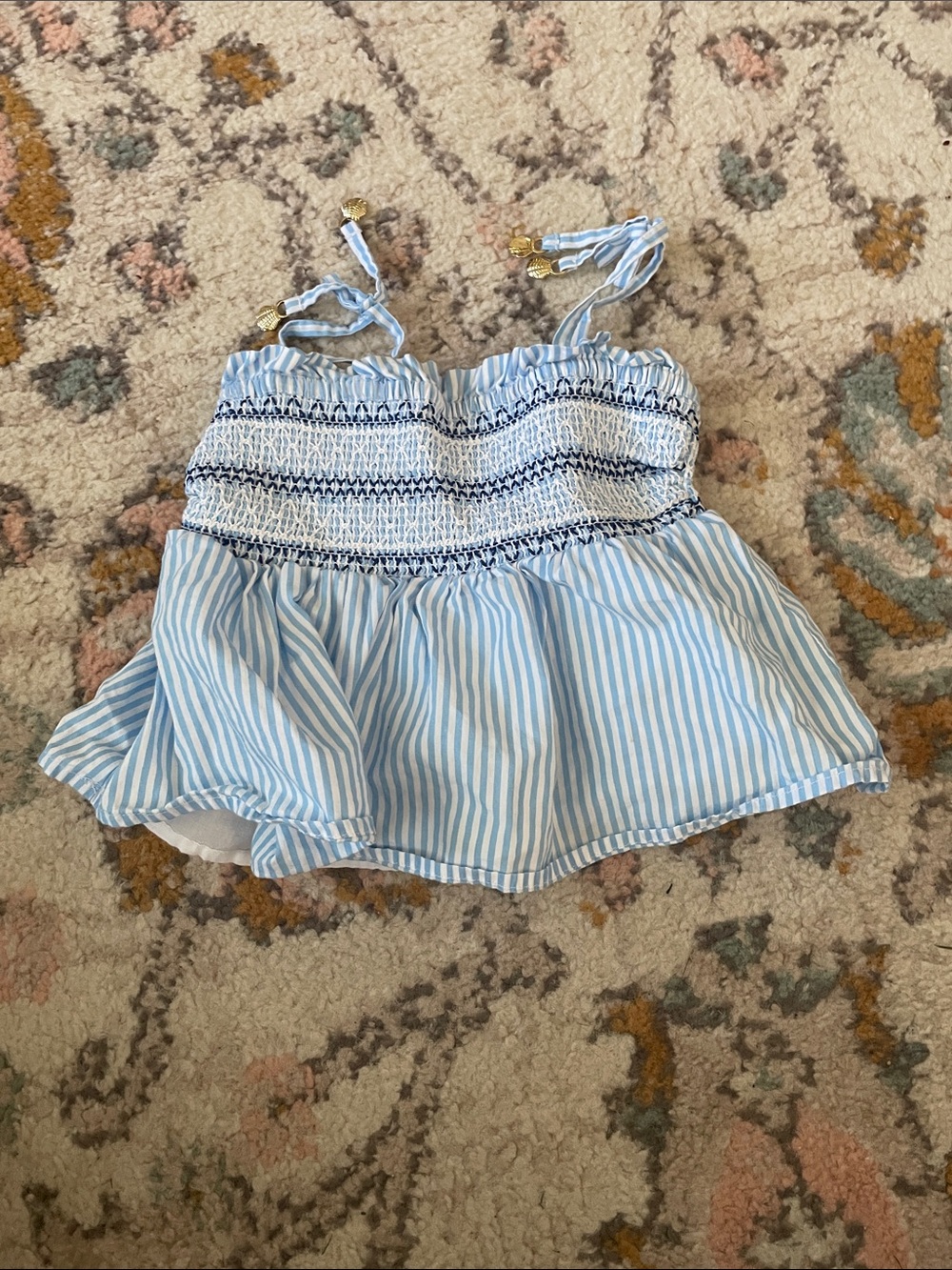 Crewcuts Girls' Light Blue Striped Smocked Tank Top Gold Shell Charms